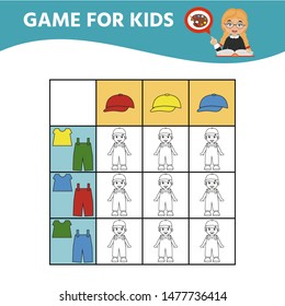 Educational game for children. Color clothes according to the pattern. Logical task for preschoolers. Kids activity sheet. Vector illustration