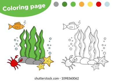 Educational game for children. Coloring page underwater. Vector illustration