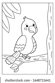 Educational game for children. Coloring page or book. Cute cartoon parrot. Tropical bird. Jungle animals.