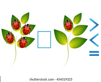Educational game for children, comparison of the number of ladybugs on leaves.