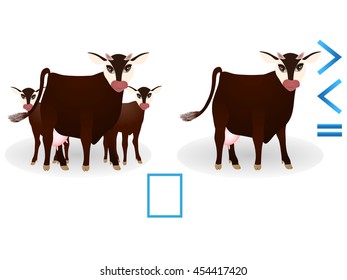 Educational game for children, comparison of the number of cows.