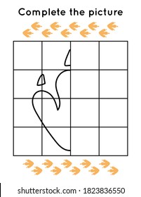 Educational game for children. Complete the picture. Outline dinosaur footprint. Coloring page. Printable worksheet for learn drawing.
