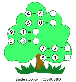 Educational game for children. Computational mathematical game on addition  of numbers in pictures. Count and write the result. Colored Vector illustration on wood background. 