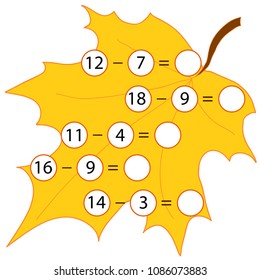 Educational game for children. Computational mathematical game on  subtraction of numbers in pictures. Count and write the result. Colored vector illustration on a background of a maple leaf.