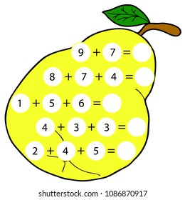 Educational game for children. Computational mathematical game for addition of numbers in pictures. Count and write the result. Colored Vector illustration on the background of a yellow pear.