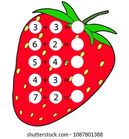 Educational game for children. Computational mathematical game for addition of numbers in pictures. Count and write the result. Colored Vector illustration on a background of strawberries.