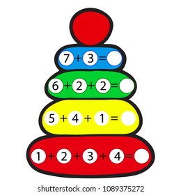 Educational game for children. Computational mathematical game for addition of numbers in pictures. Count and write the result. Colored vector illustration on the background of the pyramid.