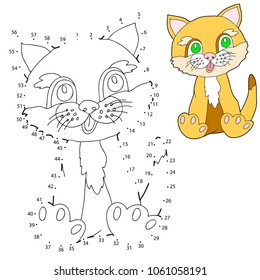 Educational game for children. Connect the dots on the figures. Red-haired kitten. Vector illustration.