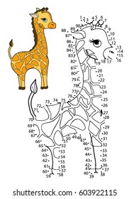 Educational game for children. Connect the dots on the figures. Giraffe,   vector illustration.