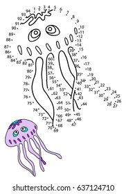 Educational game for children. Connect the dots on the figures.  Medusa,  vector illustration.