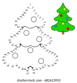 Educational game for children. Connect the dots on the figures. Christmas tree. Black and white vector illustration.
 