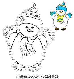 Educational game for children. Connect the dots on the figures. Christmas decorations. Snowman,  vector illustration.