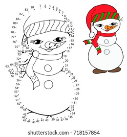 Educational game for children. Connect the dots on the figures. Christmas decorations. Snowman,  vector illustration.