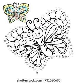 Educational game for children. Connect the dots on the figures. Butterfly. Black and white vector illustration.