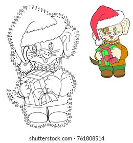 Educational game for children. Connect the dots on the figures.  A dog in a Christmas cap. Hand drawn. Black and white vector illustration.
