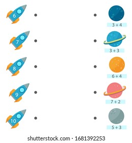 Educational game for children. Connect the rocket and planet. Math exercise for kids. The theme of space. Vector illustration.