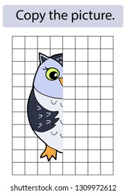 Educational game for children. Copy the picture. Owl. Hand drawn. Color vector illustration.