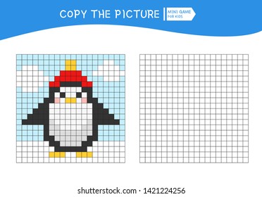 Educational game for children. Copy the picture by grid. Cartoon cute penguin.