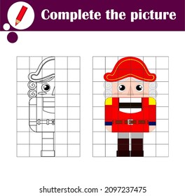 Educational game for children. Copy the picture. Cute christmas nutcracker. Coloring book. Cartoon vector illustration