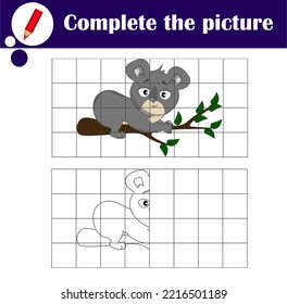 Educational game for children. Copy the picture. Cute koala bear. Coloring book. Cartoon vector illustration