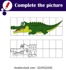 Educational game for children. Copy the picture. Cute crocodile. Coloring book. Cartoon vector illustration