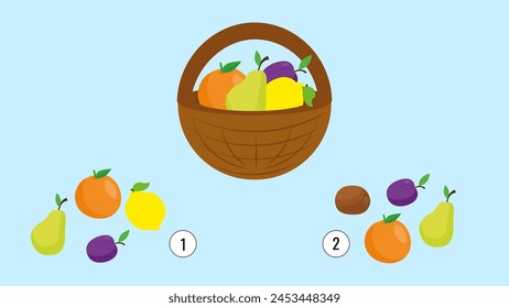 Juego educativo para niños. Cuenta cuántas frutas y escribe el resultado.