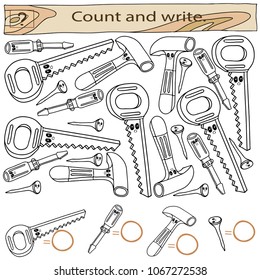 Educational game for children. Count and write. Set of tools. A saw, a hammer, a screwdriver, a nail. Black and white vector illustration.