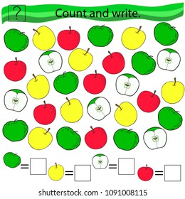 Educational game for children. Count and write. A set of fruits. Apples. Colored Vector illustration.