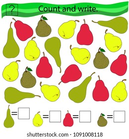 Educational game for children. Count and write. A set of fruits. Pears. Colored Vector illustration.