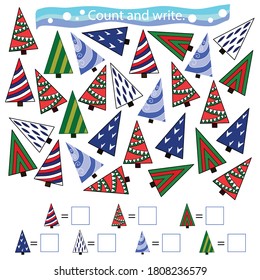 Educational game for children. Count and write. Set of Christmas decorative trees. Hand drawn. Colored vector illustration.