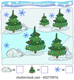 Educational game for children. Count and write. Color vector illustration.