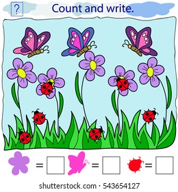 Educational game for children. Count and write. Flowers, butterflies, ladybug. Color  vector illustration.