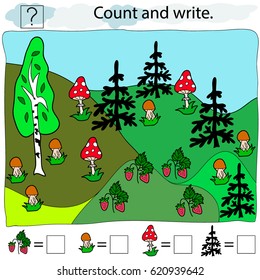 Educational game for children. Count and write. Forest, trees, mushrooms, berries.  Color  vector illustration.