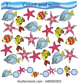 Educational game for children. Count and write. Sea animals.  Fish, starfish. Color vector illustration.