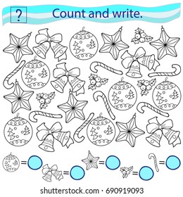 Educational game for children. Count and write. Winter theme. Black and white vector illustration.