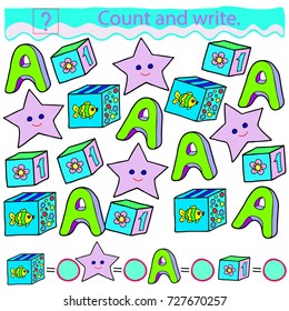 Educational game for children. Count and write. A set of toys. Cubes, letters, asterisks. Black and white vector illustration.