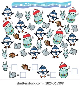 Juego educativo para niños. Cout y escribe. Conjunto de elementos decorativos de Navidad. Dibujado a mano. Ilustración vectorial coloreada.