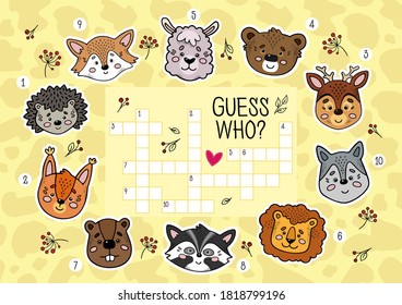 Educational game for children. Crossword puzzle game for preschool kids activity. Guess who. Worksheet colorful printable version. Animals doodle style vector Illustration.