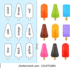 Educational  game for children. Cut and glue on the right place. Material for kids to learn color. Cartoon ice creams.
