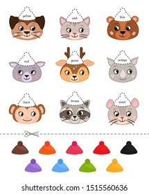 Educational game for children. Cut and glue on the right place. Material for kids to learn color. Cartoon cute animal faces in hats.