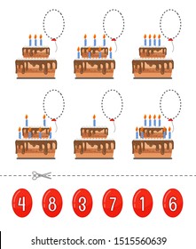 Educational game for children. Cut and glue on the right place. Material for kids to learn math. Cartoon cakes and air balloon.