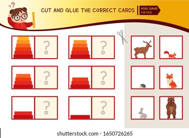 Educational  game for children. Cut and glue the correct cards. Material for teaching children height.
