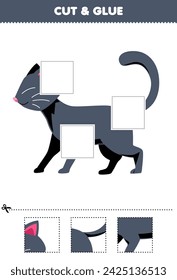 Educational game for children cut and glue a part of a cute black cat printable pet worksheet