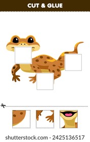 Educational game for children cut and glue a part of a cute gecko picture printable pet worksheet