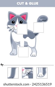 Educational game for children cut and glue a part of a cute cat picture printable pet worksheet