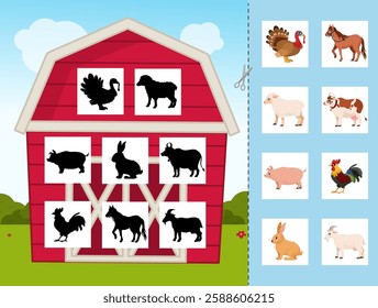 Educational  game for children. Cut out the farm animals and glue them onto the correct shadow.
