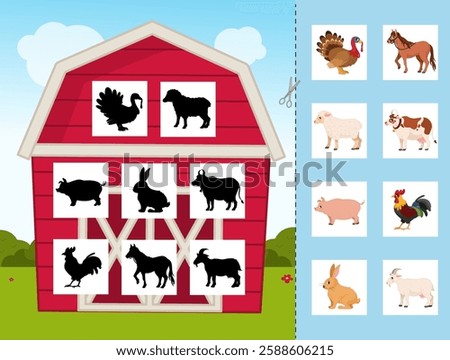 Educational  game for children. Cut out the farm animals and glue them onto the correct shadow.
