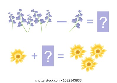 Educational game for children. Cute illustration of mathematical addition and subtraction. Vector image. Examples with beautiful flowers.