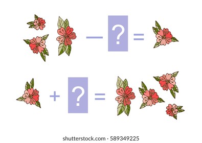 Educational game for children. Cute illustration of mathematical addition and subtraction. Vector image. Examples with pink flowers.