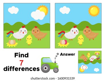 Educational game for children. Cute kawaii characters. Find seven differences. Farm animals: hen and chicken. Vector illustration.